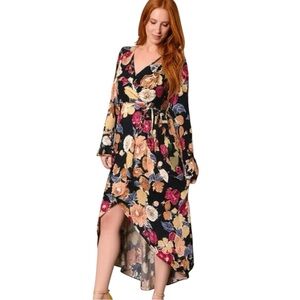 Band of the Free Multicolor Floral Gypsy Hi Lo Faux Wrap Midi Dress XS